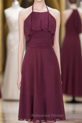 Burgundy Halter Backless Ruffled A-Line Short Dress